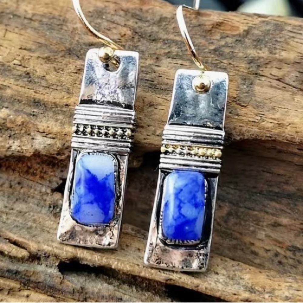 925 Vintage Silvery Plated BlueStone Inlaid Creative Handmade Natural Stone